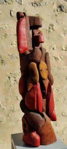 Totem Coq -2010-Merisier - Patine rouge - H.103 x L.26 x Prof.27 cms